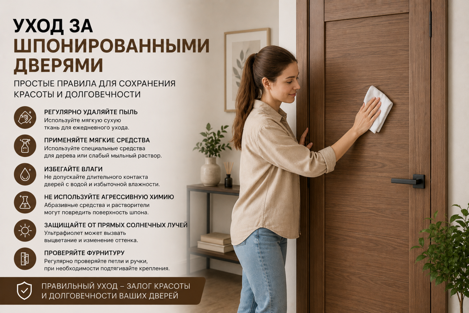 Правила ухода за шпонированными дверями