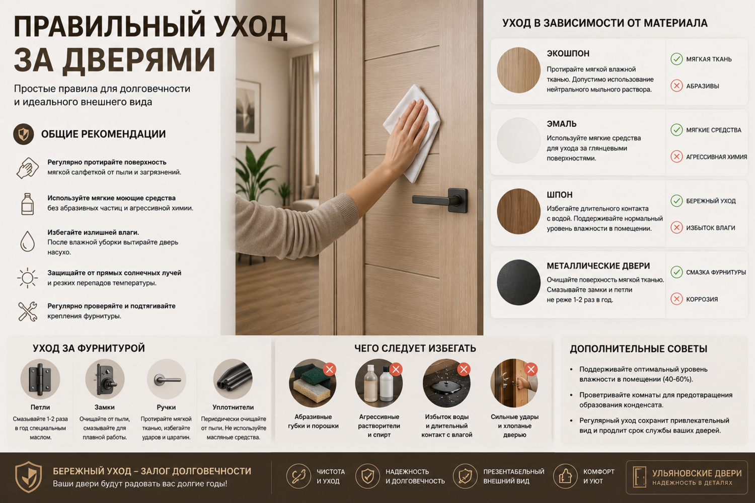 Правильный уход за межкомнатными и входными дверями