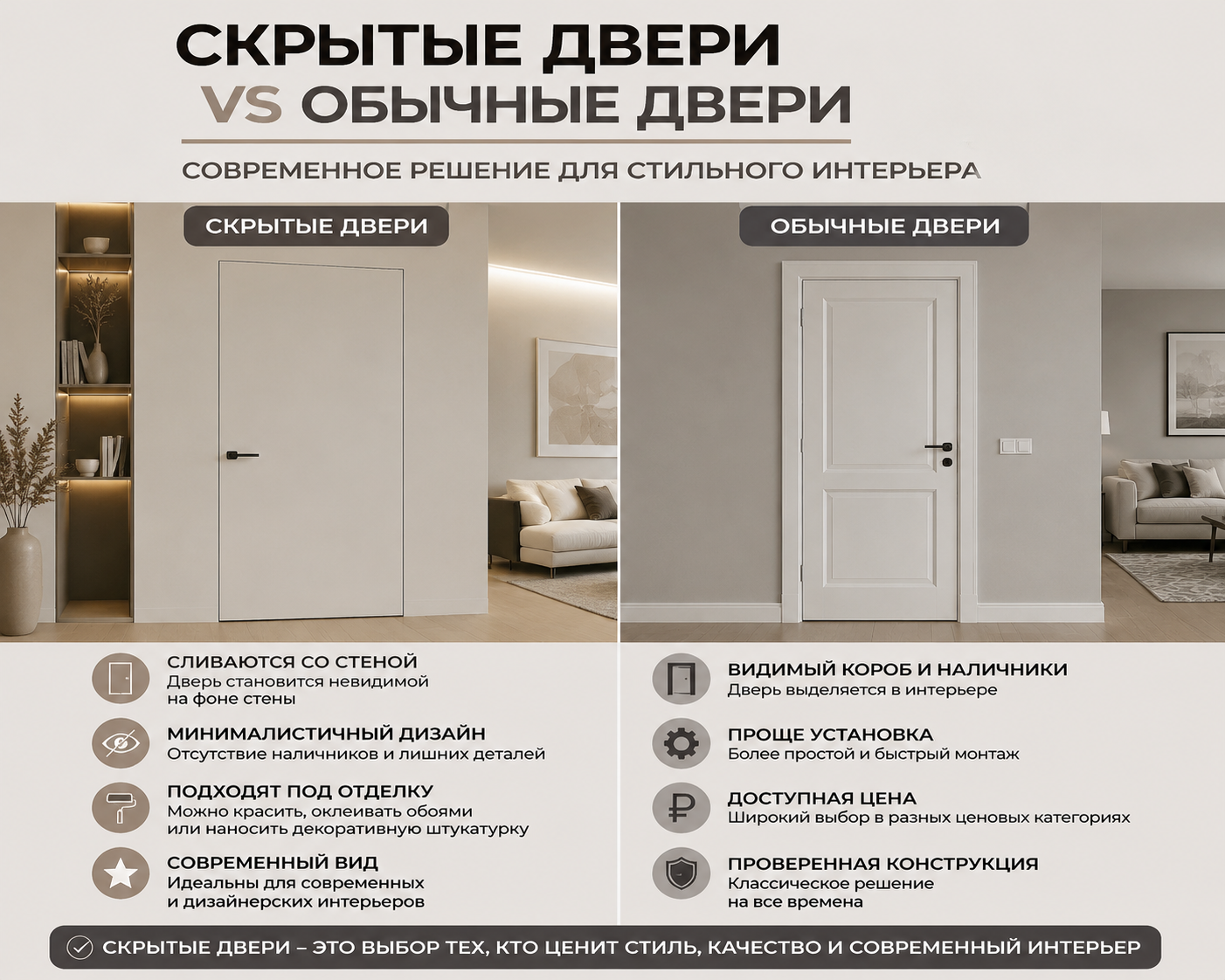 Скрытые двери в интерьере — преимущества, сравнение и особенности установки
