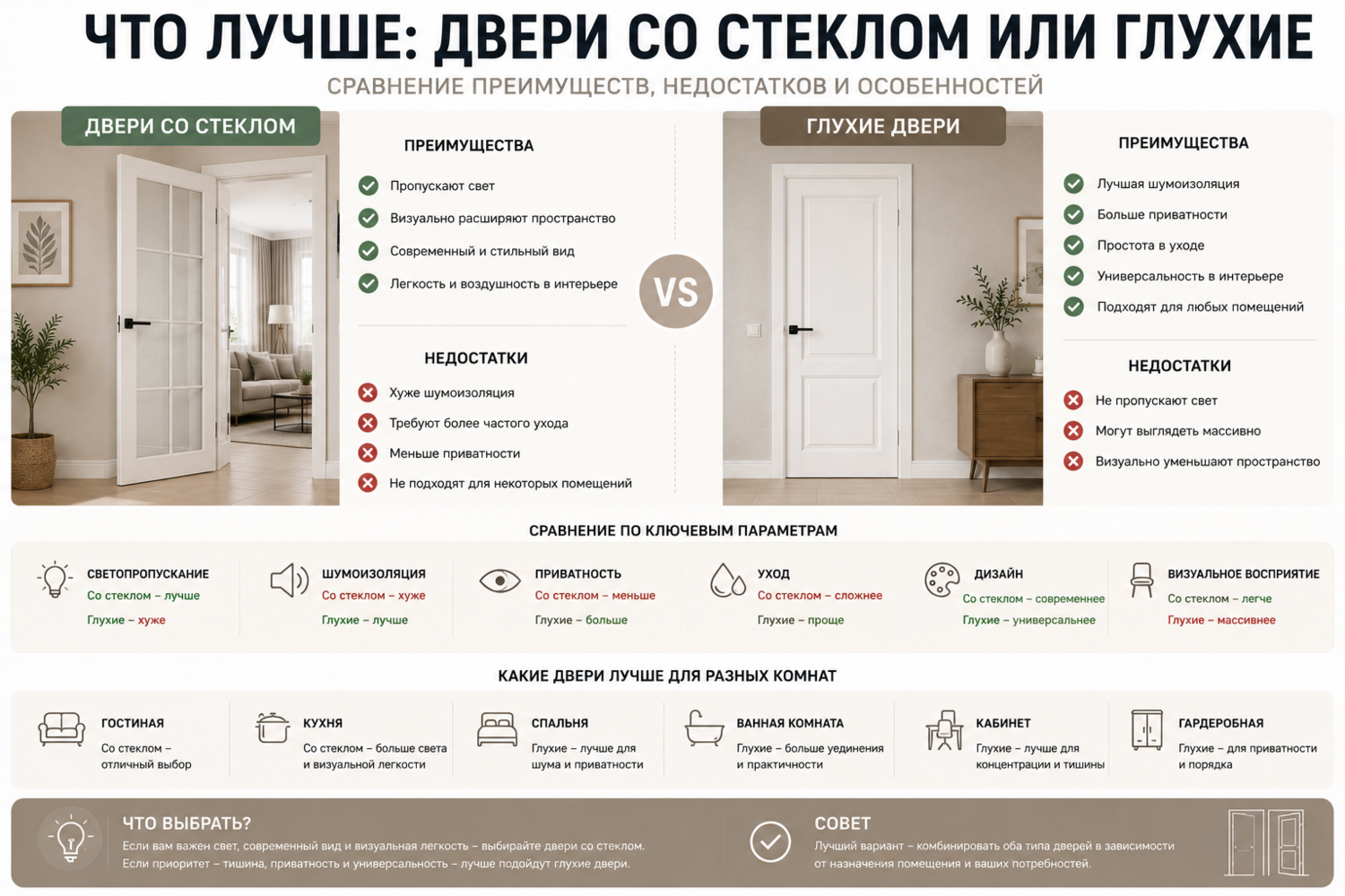 Что лучше: двери со стеклом или глухие